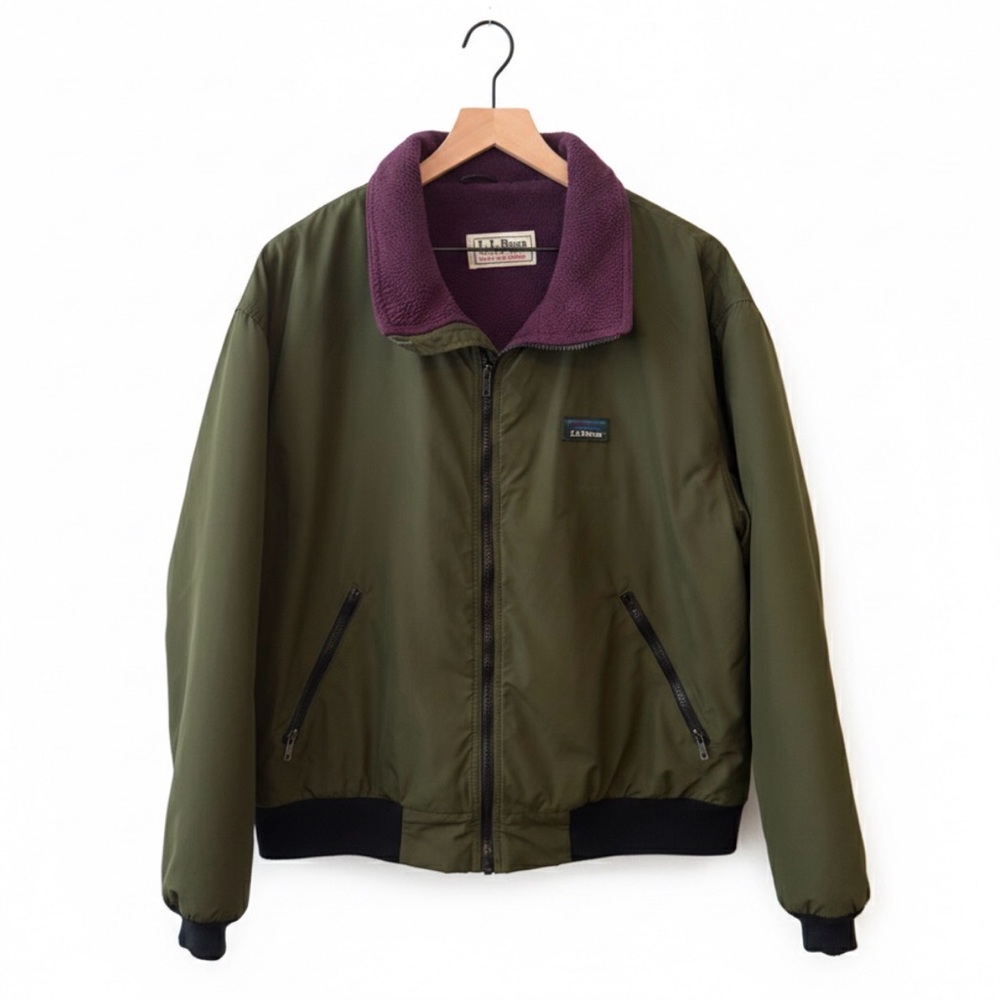 L.L. Bean Olive Bomber Jacket with Plum Collar Vintage